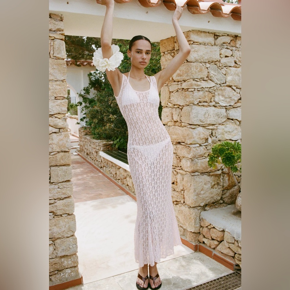 pink long lace dress